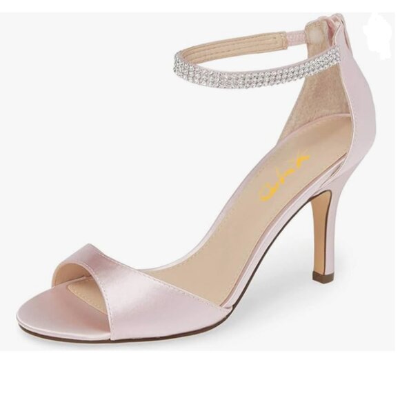 XYD Light Pink Open Toe Rhinestones Ankle Strap Mid Heel Back Zip Satin Sandals - Picture 1 of 8